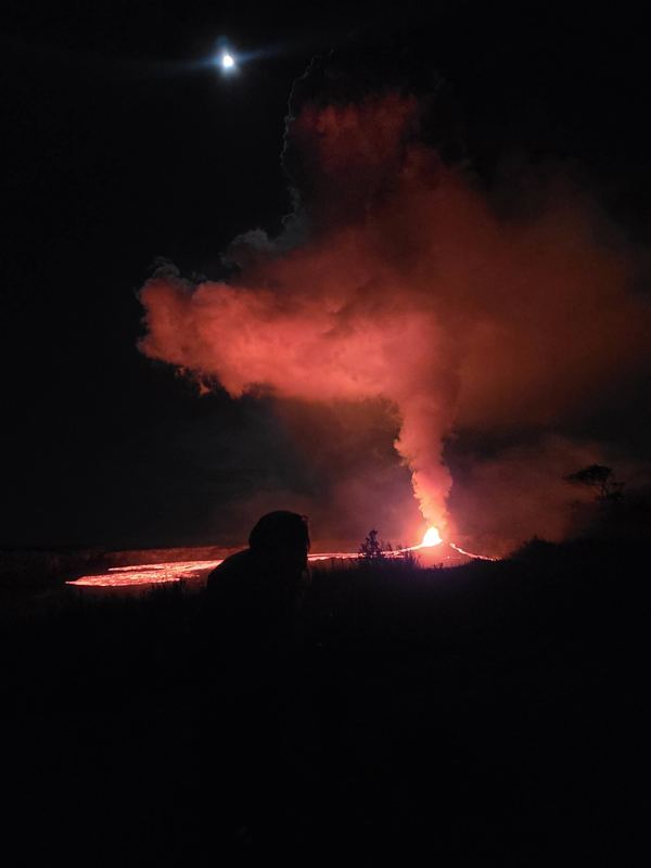 Eruption plume and moon from the overlook